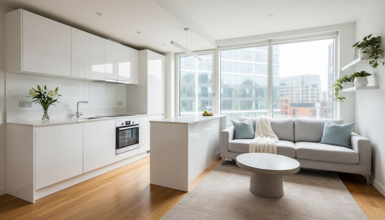 Modern, immaculate flat kitchen and lounge area post deep clean, compact urban space with gleaming surfaces, fresh linens, open layout, and city view through window. Realistic photo style with even lighting, exactly one space, no humans, no text, no logos.