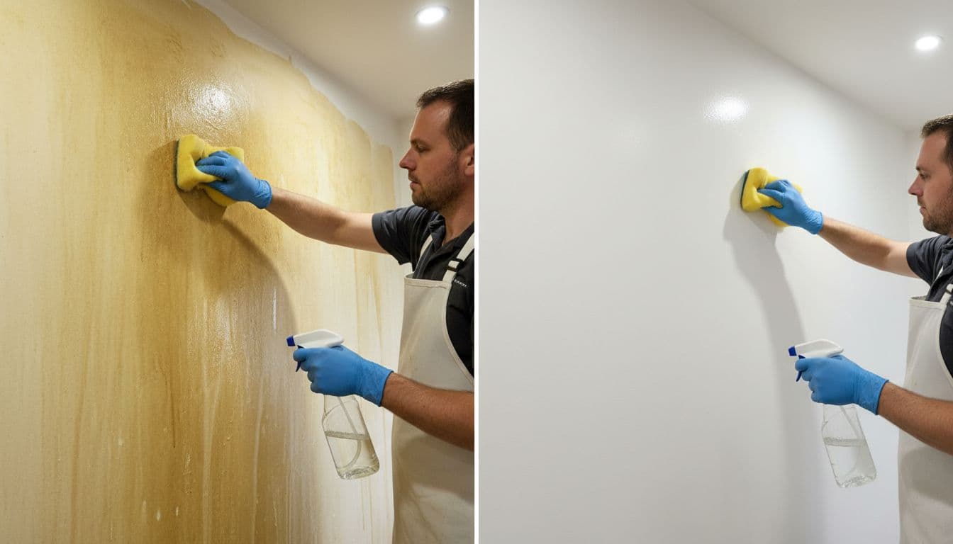 Yellowed nicotine-stained walls in a Bradford rental flat being professionally cleaned by one cleaner in gloves and apron, using sponge and spray bottle, in a split-view showing transformation from stained to spotless white walls under bright lighting.