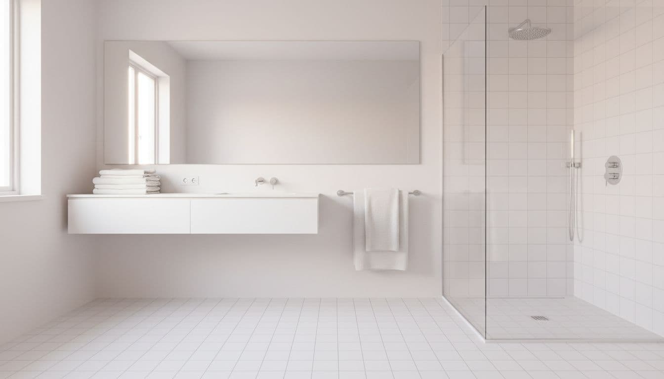 Bright bathroom after house cleaning with pristine white tiles shining, spotless mirror, folded towels on rack, and clean shower with no soap scum, illuminated by soft natural light for a fresh and hygienic feel.