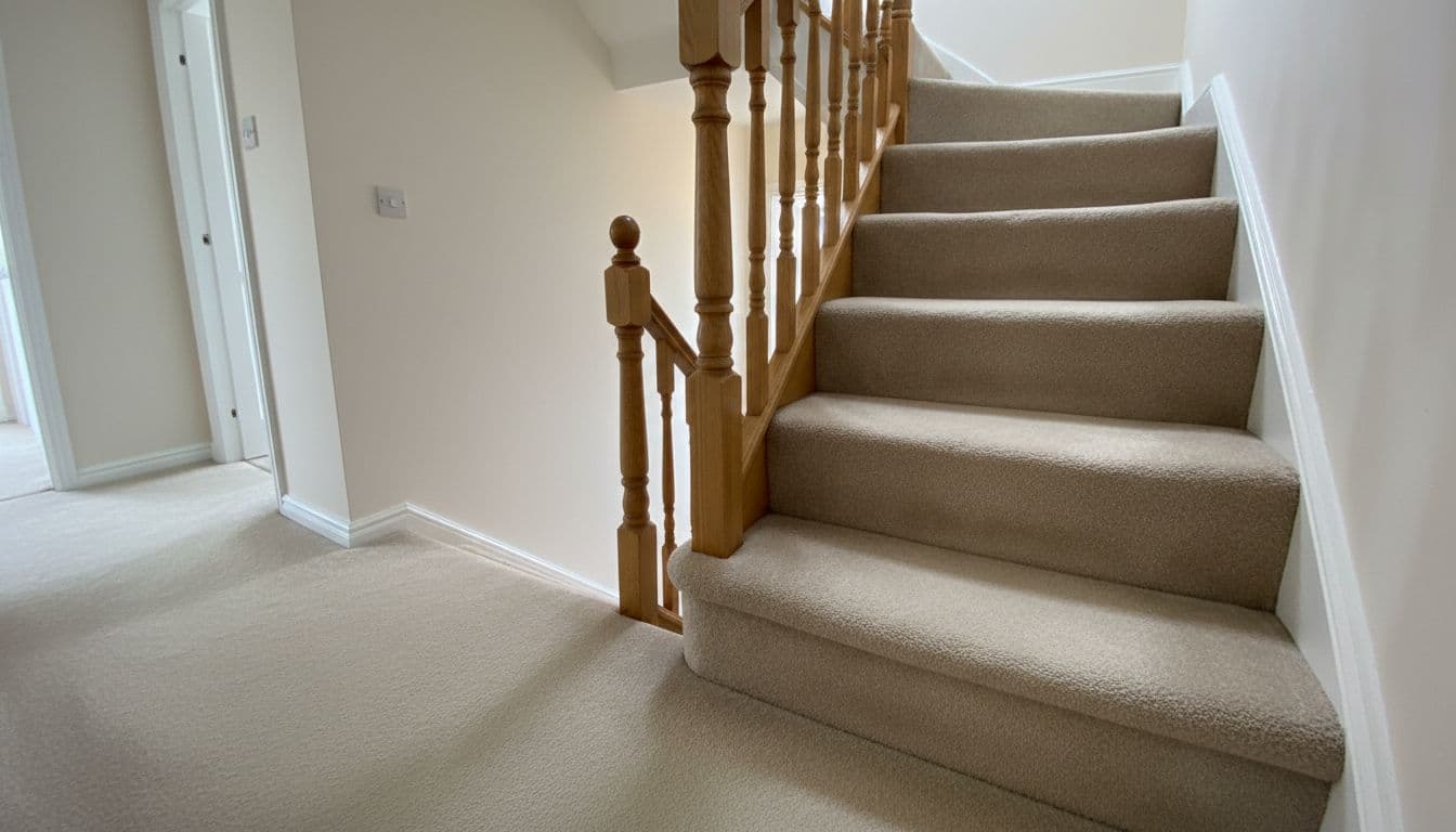 Freshly cleaned neutral carpet on stairs and hallway in a traditional two-up two-down terrace house interior in Wakefield UK, featuring wooden handrail, neutral walls, and soft warm lighting with detailed spotless plush texture.