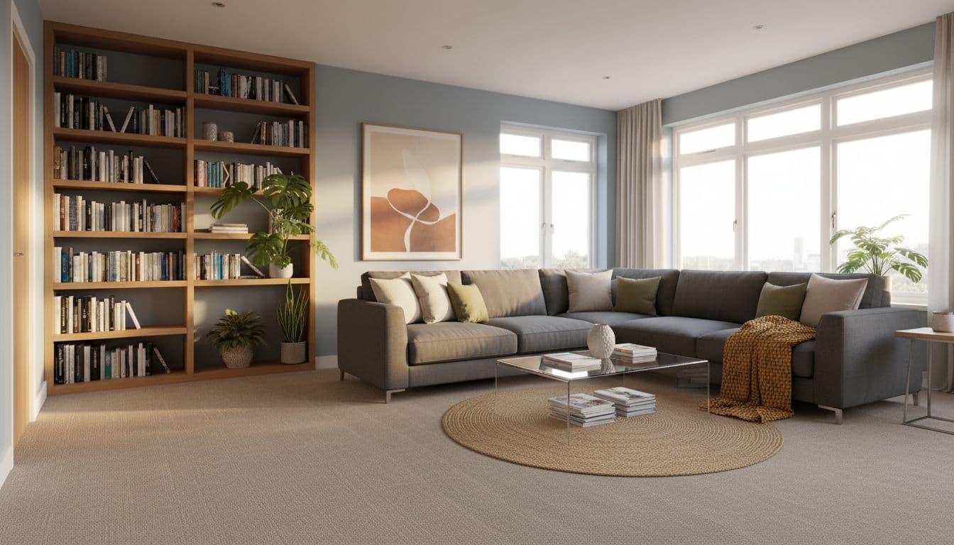 Cosy modern Leeds family living room kept spotless by regular cleaning, with vacuumed carpet, dusted wooden shelves holding books and green plants, polished glass coffee table, large clean windows with soft morning sunlight, plush sofa with cushions and throw blanket, creating a warm inviting atmosphere.