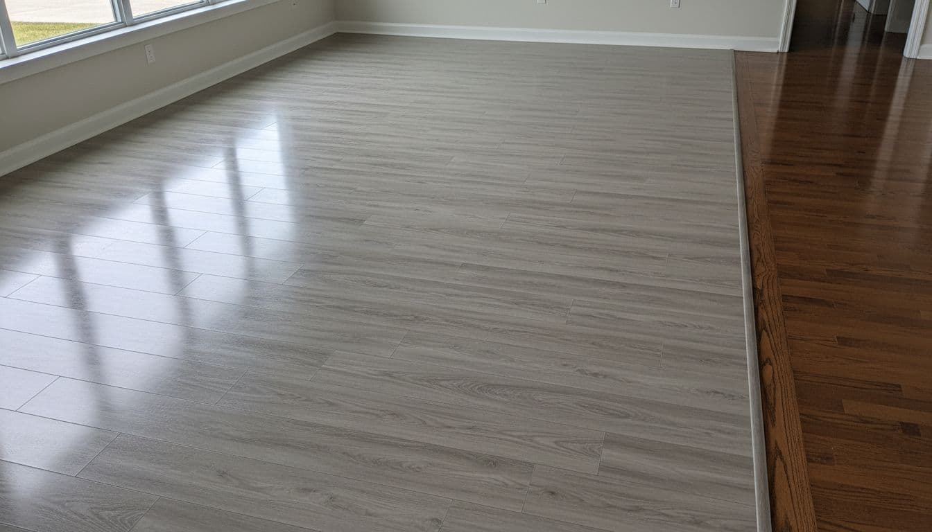 Shiny clean LVT laminate floor in a modern living room with reflections on the polished surface showing spotless condition, sealed hardwood nearby, natural daylight, bright and inviting atmosphere.