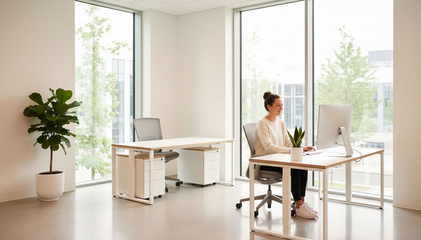 A spotless small office space in a modern Wakefield building with neat desks, fresh plants, sparkling floors, natural daylight, and one smiling worker at a clean workstation, emphasizing cleanliness and comfort.