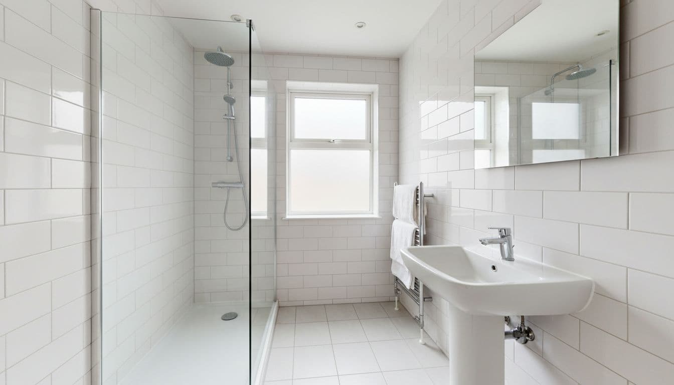 Sparkling clean bathroom in empty Bradford rental flat after professional post-tenancy clean, with pristine white tiles, shiny shower glass, spotless sink and mirror, fluffy towels, and natural light from frosted window.