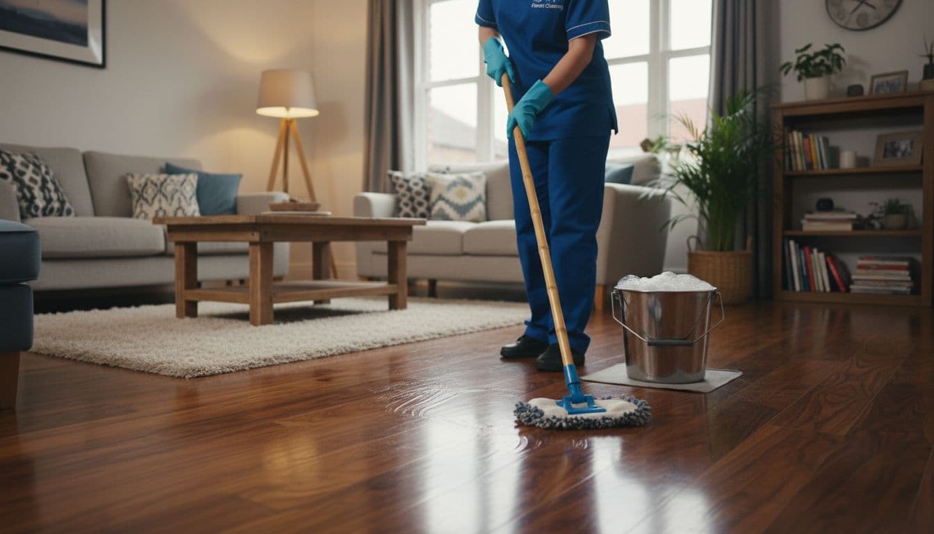 A professional cleaner in uniform mops a sealed hardwood floor in a cozy Leeds living room using an eco-friendly solution with mop and bucket. Warm ambient lighting highlights the rich grain and high gloss shine of the wooden floor.