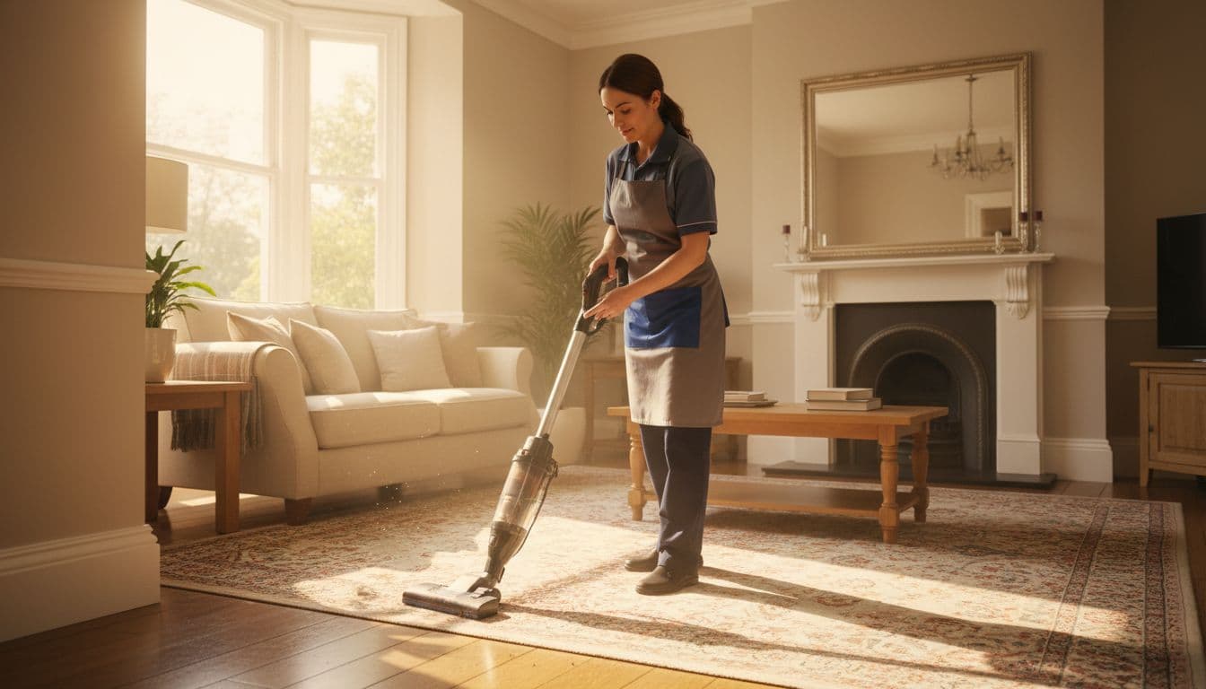 A professional cleaner in uniform deep cleans a cosy Bradford living room, meticulously vacuuming the carpet and skirting boards under natural daylight with warm tones, highlighting thoroughness and shine.