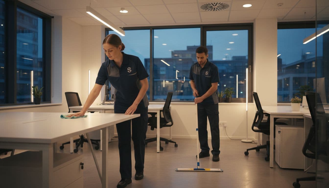 A team of two professional cleaners in Spotless Comfort uniforms discreetly services a small Leeds business office at evening, with one wiping desk surfaces and the other mopping the floor for spotless results.