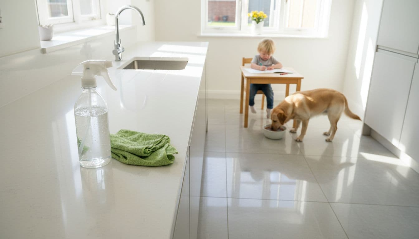 Sparkling modern kitchen post-eco-friendly cleaning, featuring glossy surfaces, a child safely coloring at the table, and a Labrador dog drinking water, in a relaxed family atmosphere.