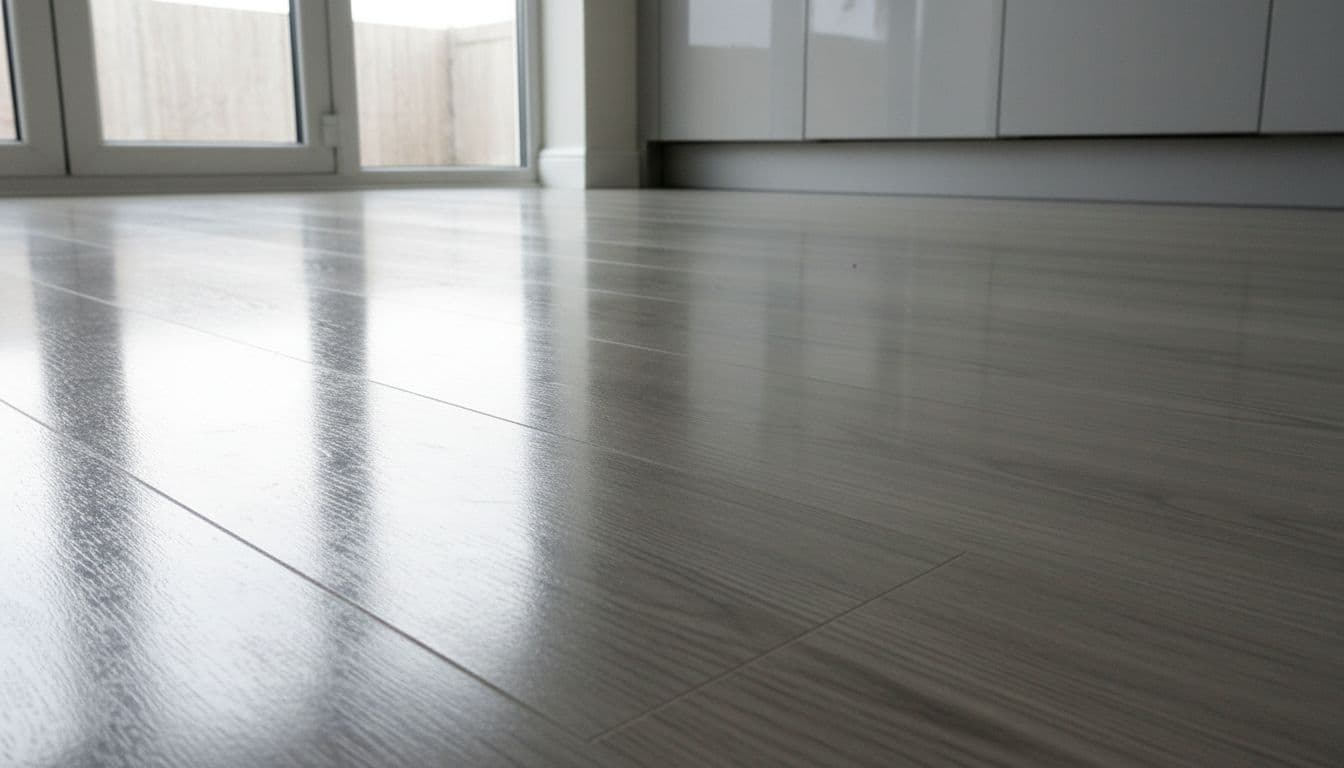 Close-up of glossy LVT flooring with subtle wood grain and light reflections in a bright modern Leeds home kitchen, illustrating sparkling results after professional cleaning.