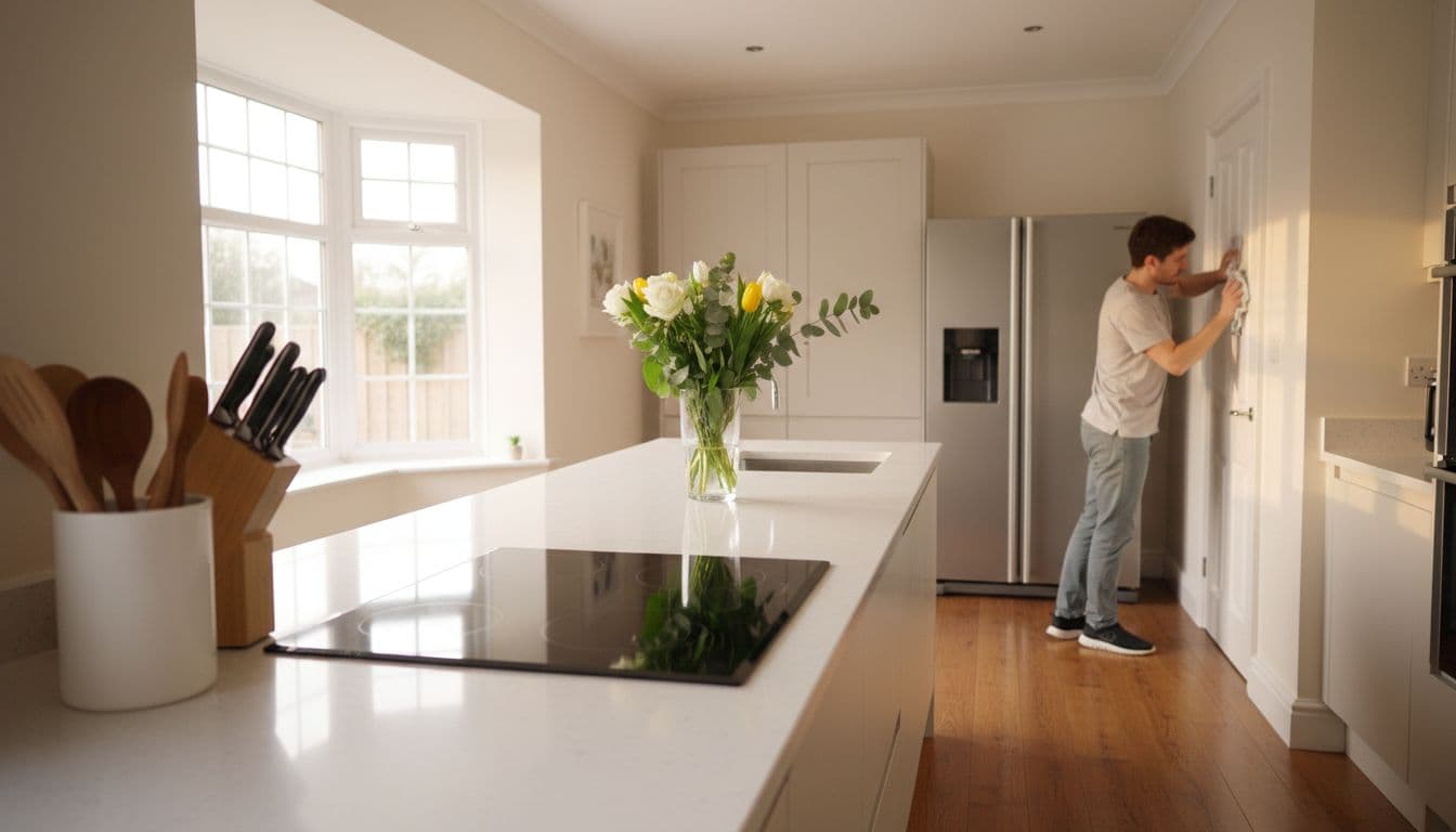 A bright, modern kitchen in a Wakefield home after professional cleaning, featuring sparkling countertops, neatly arranged utensils, fresh flowers, clean shining floors, and soft natural light. Exactly one person in the background wipes a surface in a relaxed pose, captured in wide-angle realistic photography with warm lighting and high detail.