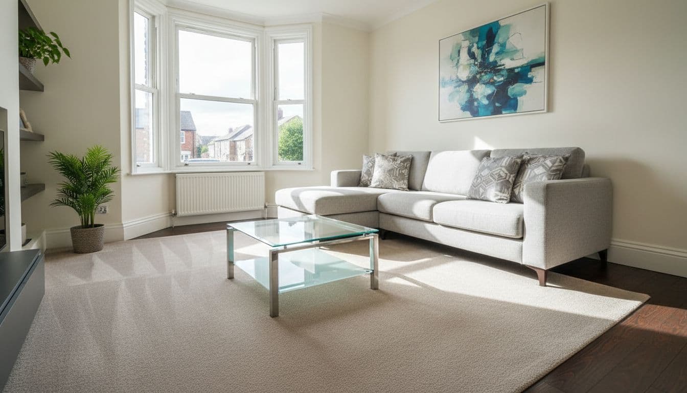 A spotless, modern living room in a Bradford terraced house after professional deep cleaning. Sunlight streams through clean windows onto fresh vacuumed carpets and polished wooden floors, with furniture dust-free and neatly arranged.