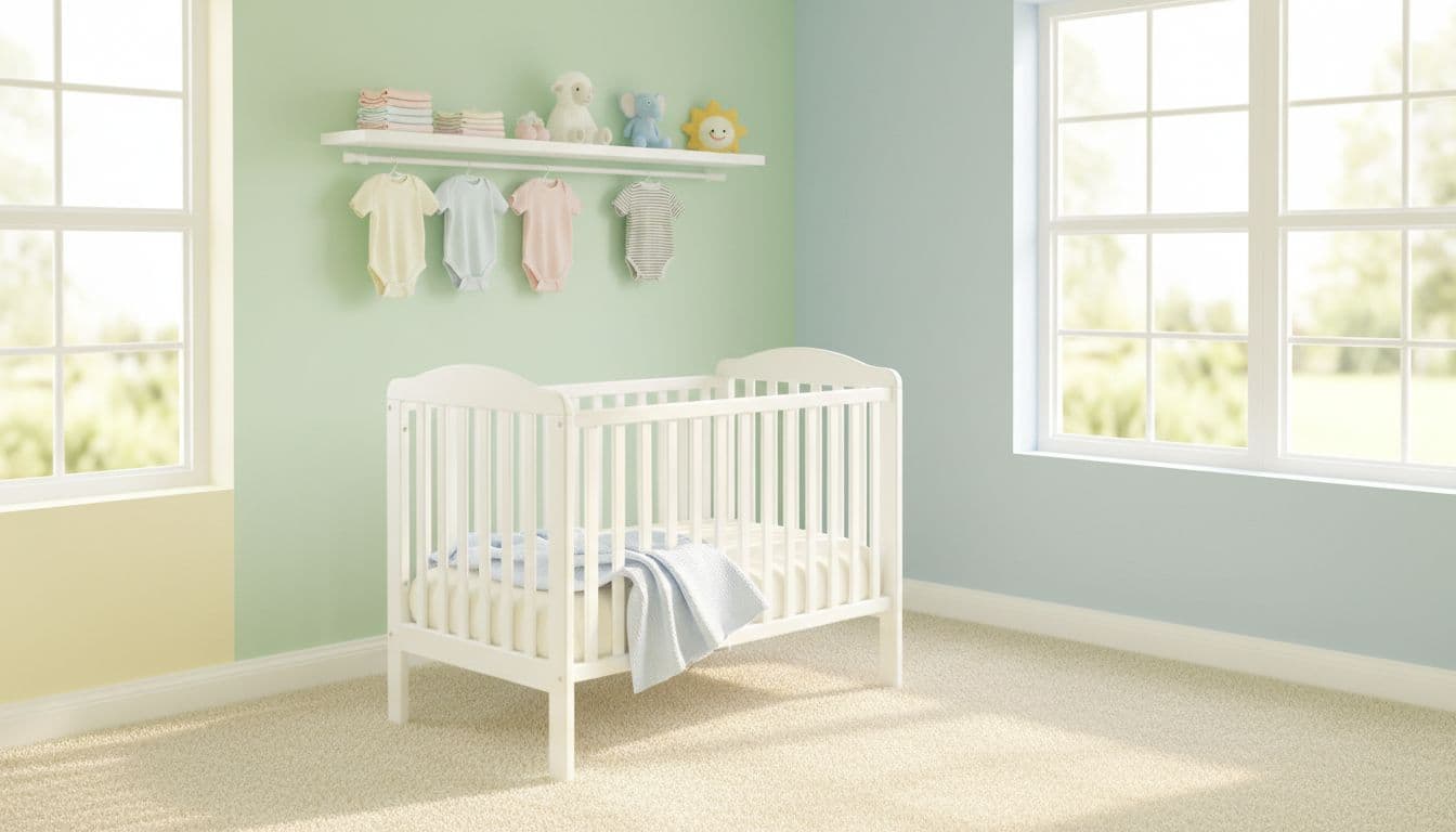Bright spotless nursery room ready for a new baby, featuring pastel walls, clean shelves with folded baby clothes and toys, crib with fresh bedding, sparkling clean carpet and windows, soft natural daylight creating a peaceful inviting atmosphere.
