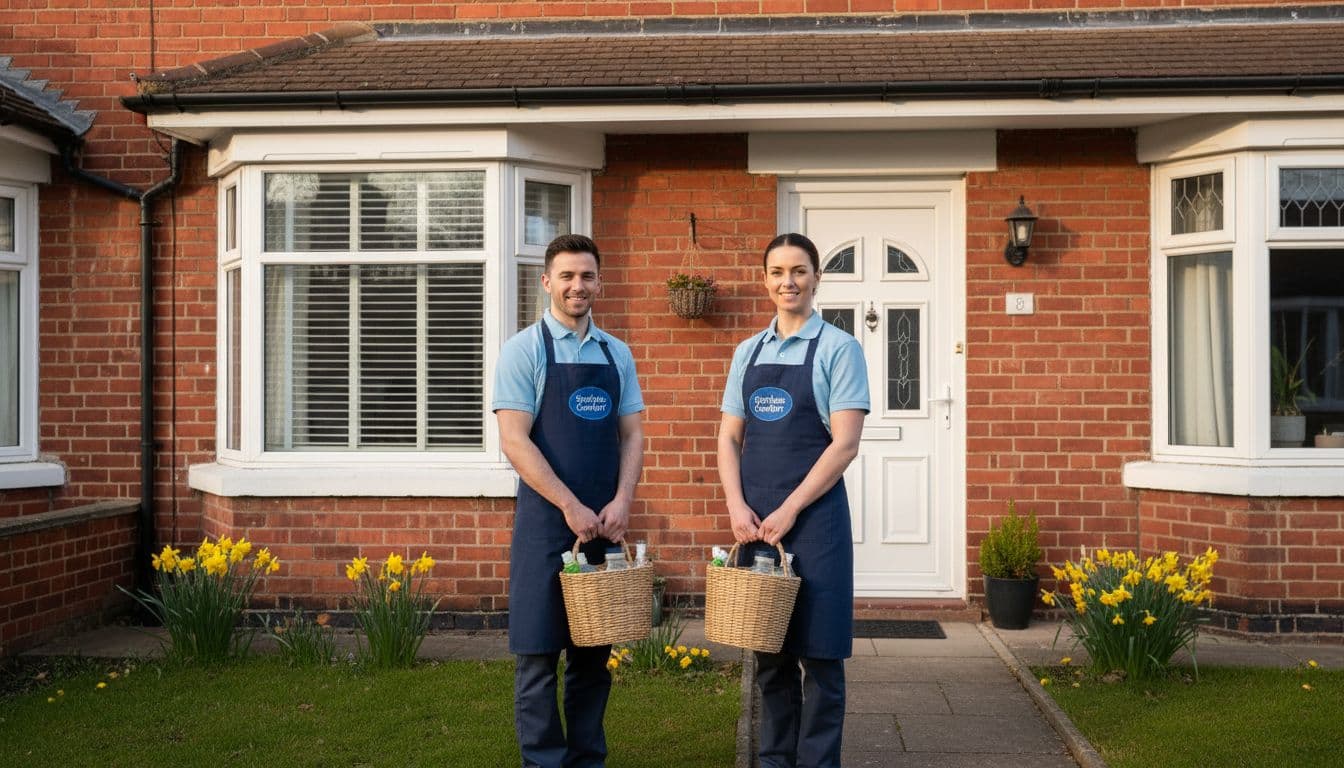 Two professional cleaners in Spotless Comfort uniforms stand smiling at the front door of a typical Leeds brick semi-detached house, holding eco-friendly cleaning caddies on a bright spring morning.