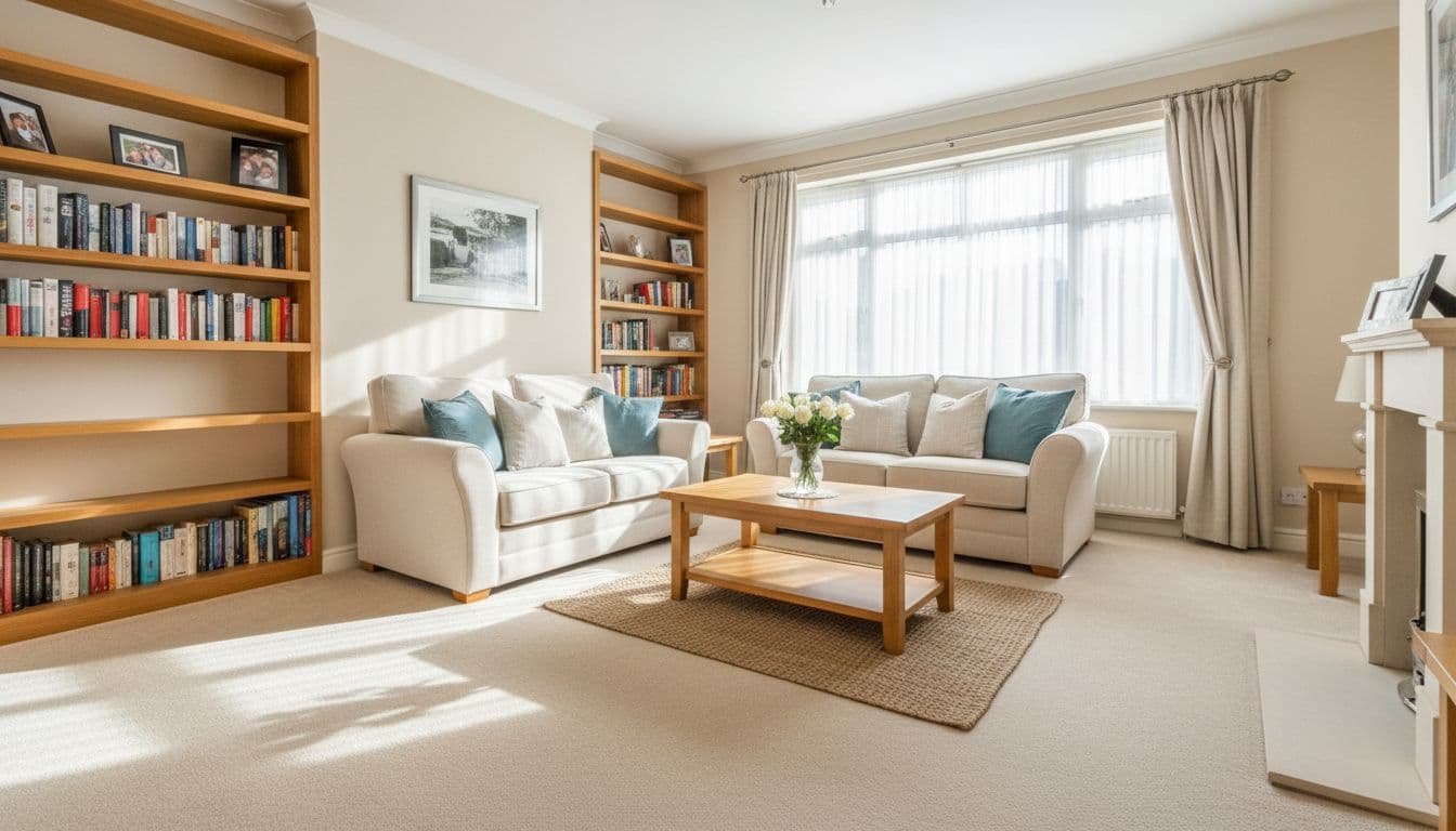 Cozy living room in a terraced house in Wakefield, spotless after cleaning service with vacuumed carpets, dusted shelves, fluffed cushions, and gleaming windows in soft afternoon light.