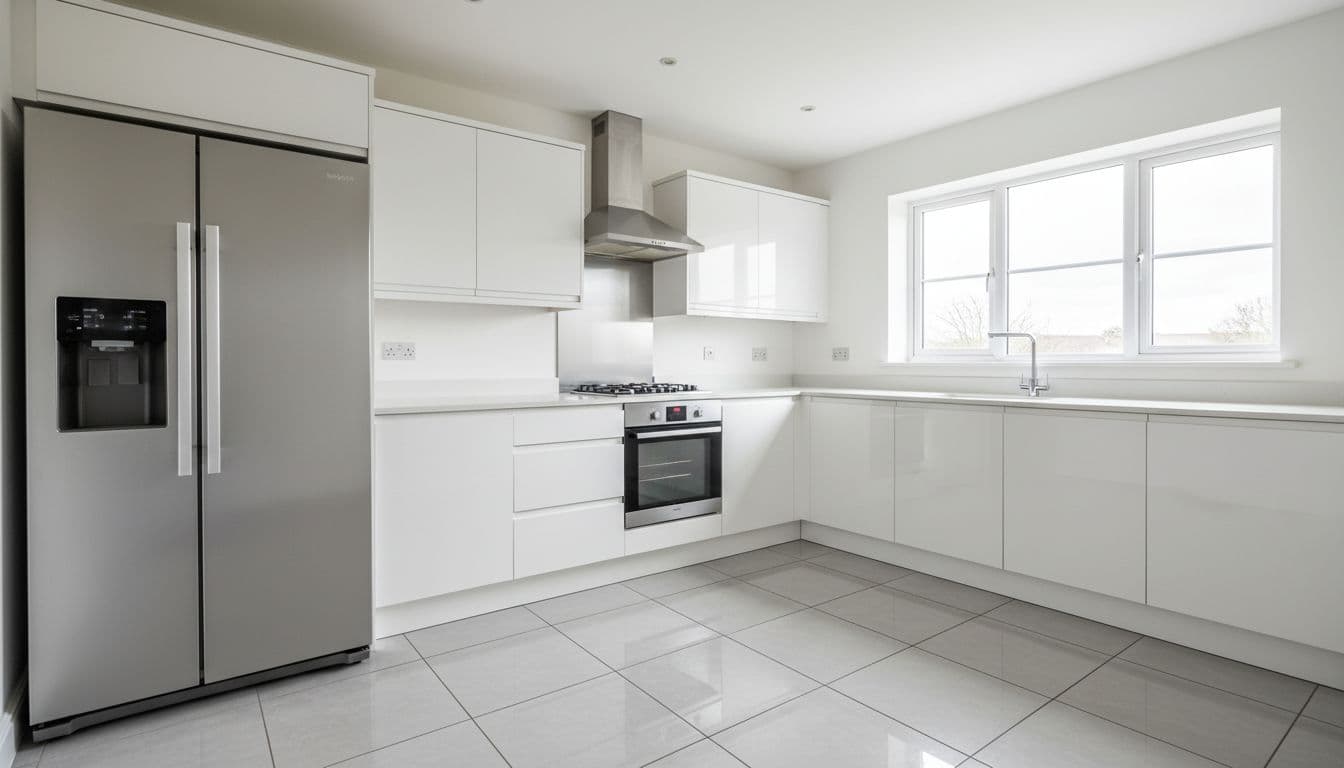 Spotless modern kitchen in a Leeds rental property between tenants, with empty gleaming counters, shining stainless steel appliances, white cabinets, and mopped tiled floor under bright natural daylight.