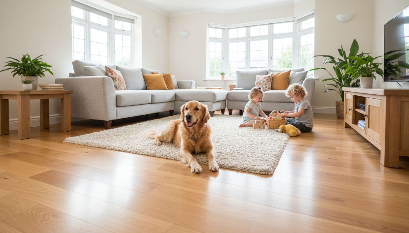 Bright Leeds family home living room with gleaming hardwood floors under natural light, calm golden retriever on a rug, and two young children playing safely with toys, showcasing a professional clean transformation.