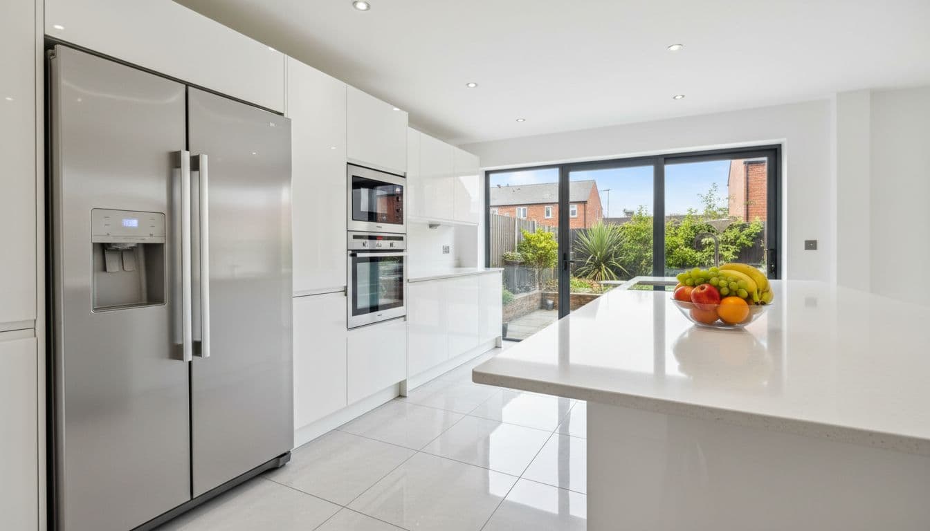 Pristine modern Leeds kitchen gleaming after house cleaning service, with stainless steel appliances, spotless white countertops holding a fresh bowl of fruit, shining tiled floors, and a window overlooking an urban garden in bright natural daylight.