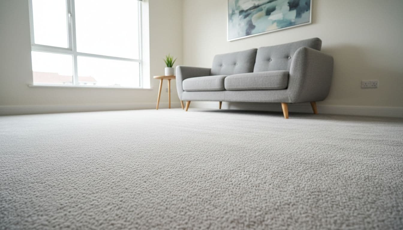 Freshly cleaned light grey carpet in a cosy modern flat living room in Wakefield, with simple sofa, side table, and large window allowing natural daylight.