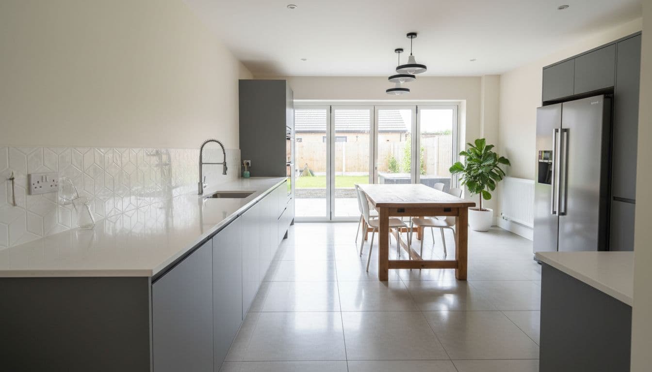 A spotless, modern terrace house interior in Wakefield, UK, showing a freshly cleaned kitchen with sparkling counters, polished floors, and natural light streaming in. Wide-angle composition focuses on the clean, inviting space in realistic style with bright, soft lighting.