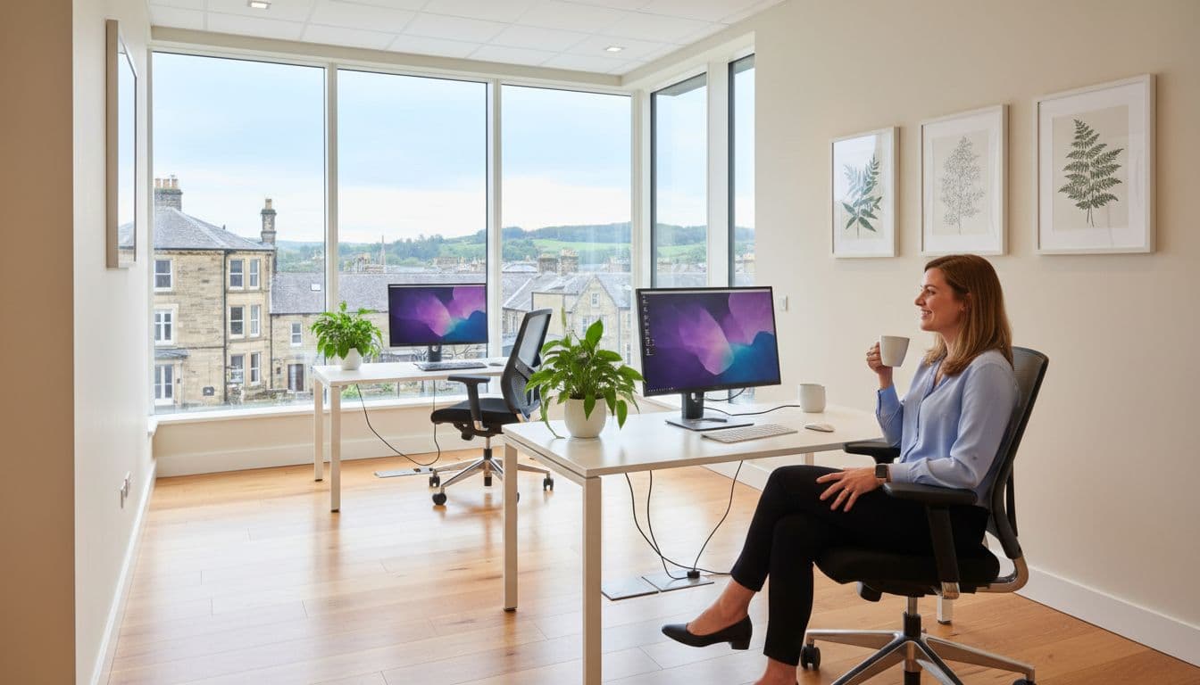 Bright modern small office interior in Wakefield with tidy desks, computers, plants, sparkling clean floors and windows, natural daylight and subtle Yorkshire town view, one happy relaxed employee at desk.