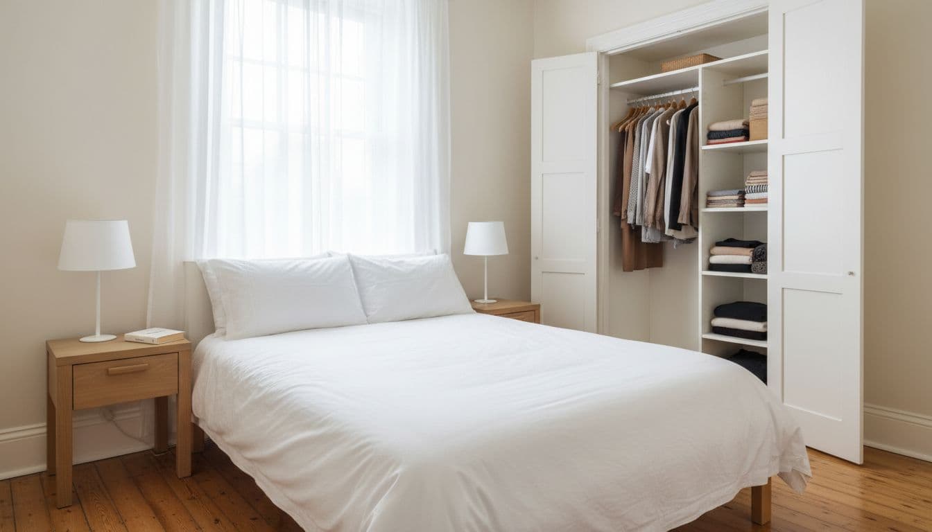 Bright spare bedroom in a Wakefield home after deep cleaning, with neatly made bed, organized open wardrobe, dust-free bedside table, polished floorboards, and soft natural light through clean curtains, creating a fresh inviting space.