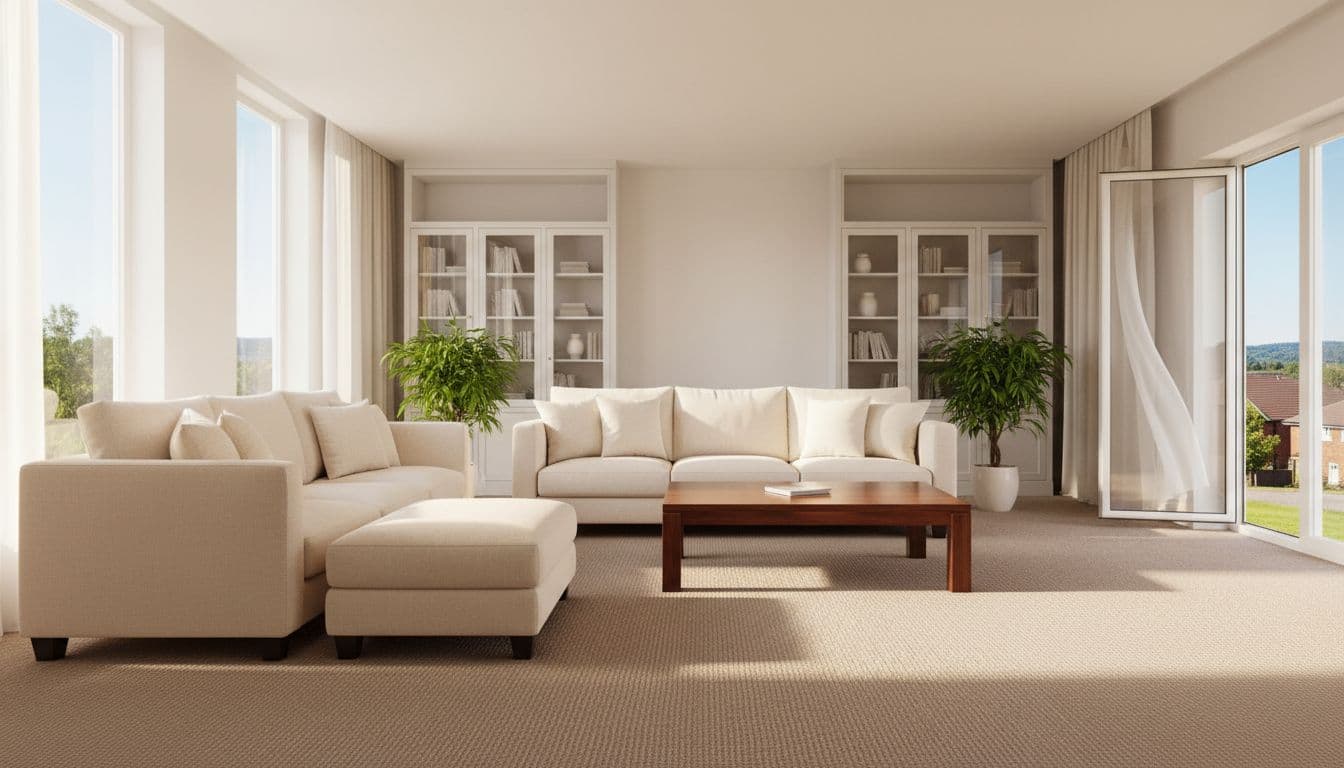 A cosy modern living room in a Bradford home after professional cleaning, featuring sunlight streaming through windows onto spotless furniture, vacuumed carpet, dusted shelves with books and plants, and a slightly open window revealing a suburban view.