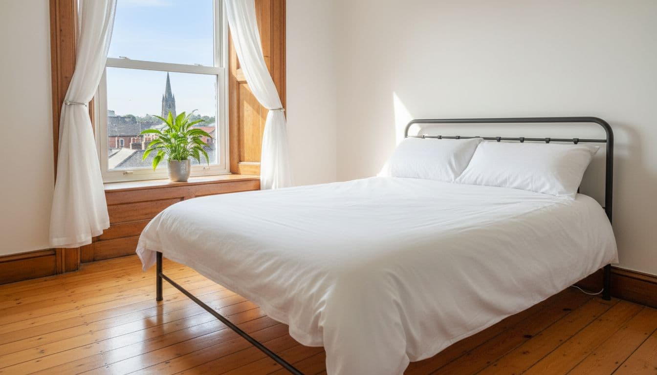 Bright sunlit interior of a Leeds terraced house bedroom with crisp fresh bedding, gleaming wooden floor, billowing sheer curtains, green houseplant on windowsill, and open window showing city view. Wide-angle photorealistic composition emphasizing pristine cleanliness, space, and soft morning light with zero people, dust, or clutter.