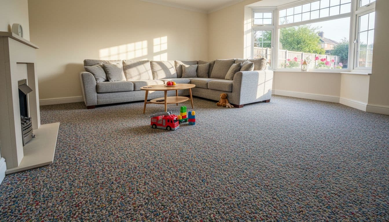 Spacious family living room in a Wakefield semi-detached house featuring deep cleaned multi-coloured wool carpet looking plush and fresh, with a large sofa, coffee table with few toys, and bay window in natural sunlight.