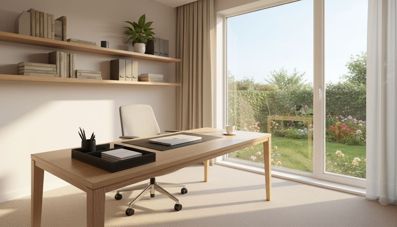 Tidy modern home office in Wakefield post deep clean, featuring organized wooden desk with stationery and closed laptop, ergonomic chair, wall shelves with books, files and plant, clean carpet, and large window with garden view.