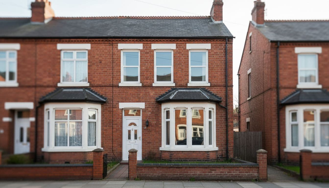 A classic red-brick terrace house on a quiet suburban street in Wakefield UK, featuring all windows sparkling clean and streak-free under natural daylight soft lighting, captured in realistic photograph style with exactly one house in focus and no distractions.