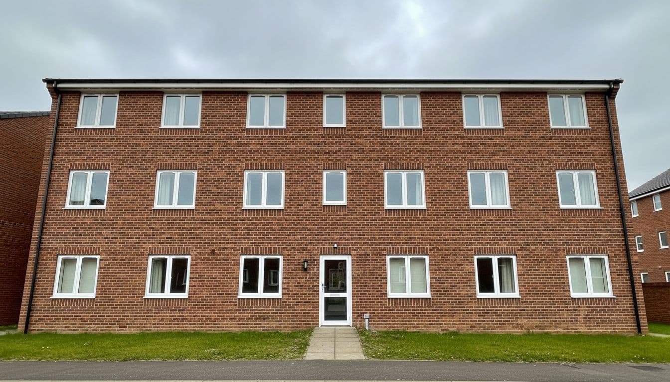 A three-storey brick block of flats in urban Wakefield, UK, with all windows streak-free and crystal clear under a cloudy daytime sky. Realistic photo focusing on the building facade, no people, cars, text, or watermarks.