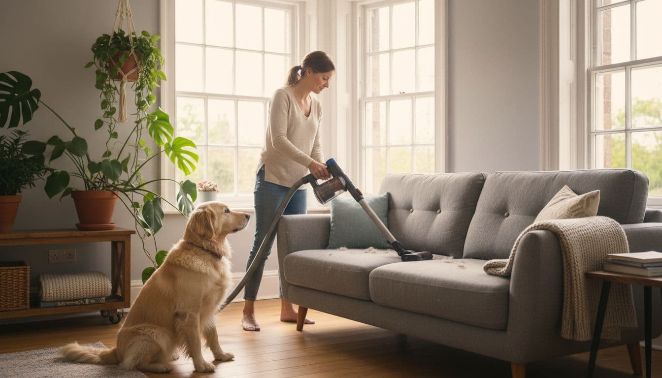 In a bright Leeds living room during spring, natural light streams through windows as a woman vacuums pet hair from a fabric sofa, with one fluffy dog watching curiously from the floor in this cozy plant-filled home.