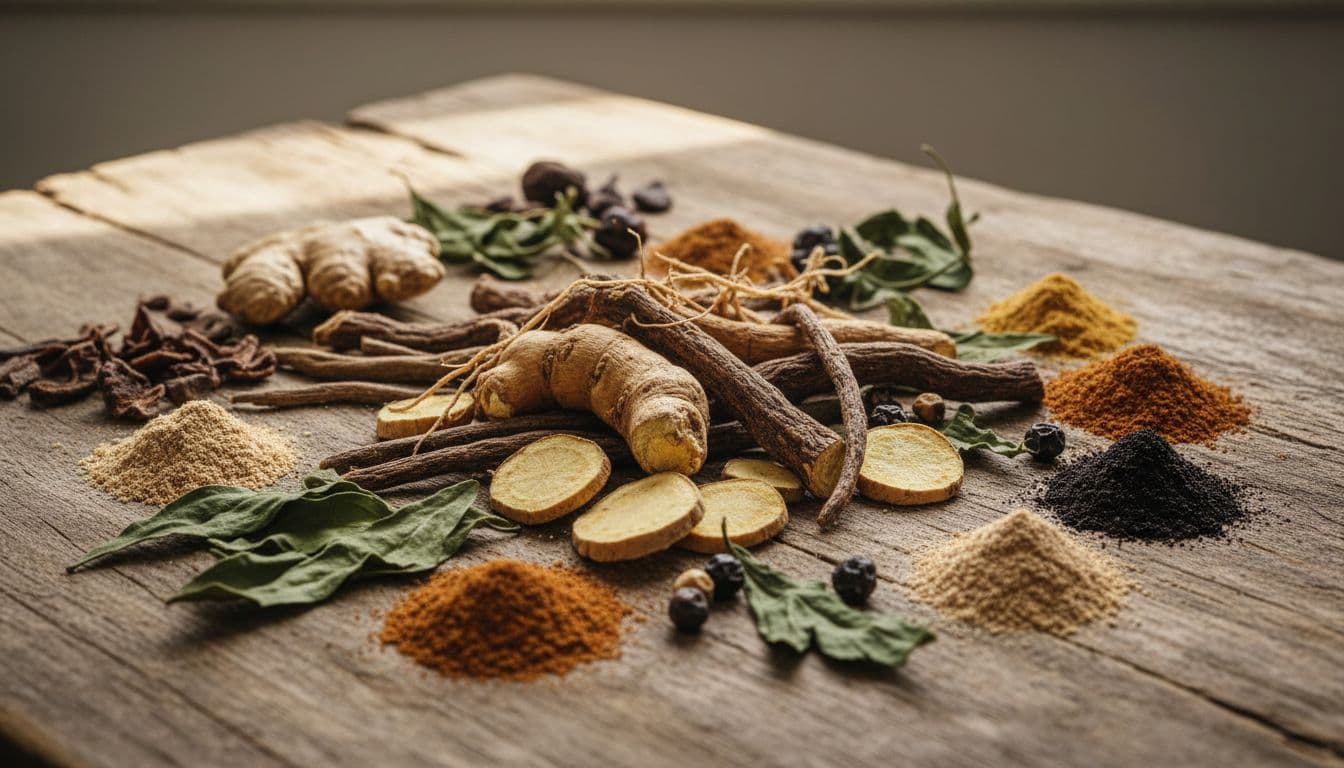Ultra Bann Close-up arrangement of ashwagandha root, maca slices, tongkat ali roots, leaves, and powders on a rustic wooden table with soft morning light.