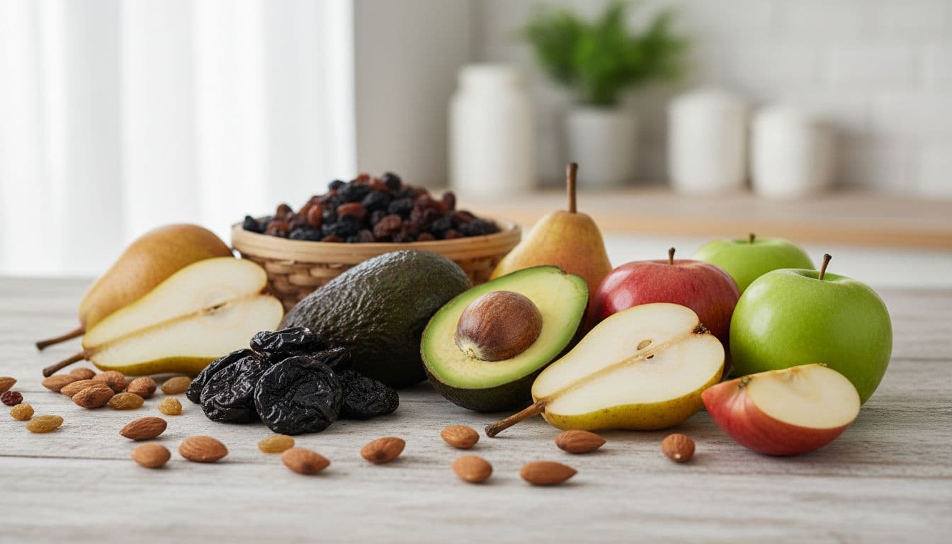 Close-up of fresh boron-rich foods like avocados, prunes, raisins, almonds, pears, and apples arranged appealingly on a wooden table in a bright kitchen with soft natural daylight.