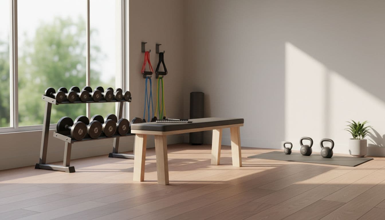 Clean home gym with weights, resistance bands, and notebook on bench, bathed in warm morning light through window, simple organized photorealistic composition without people or text.