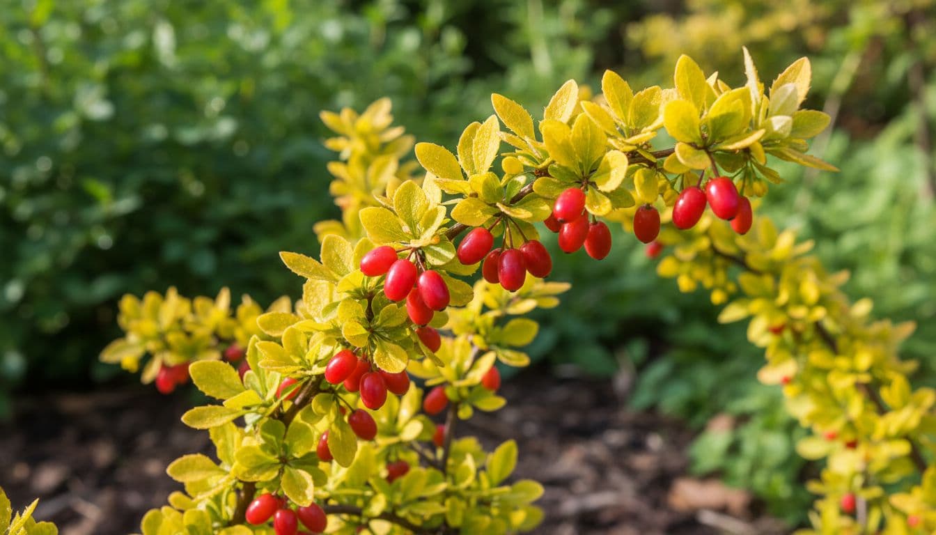 Ultra Bann Close-up of a vibrant yellow barberry plant featuring ripe berries and lush leaves in a natural garden setting, illuminated by fresh morning light for detailed botanical realism.