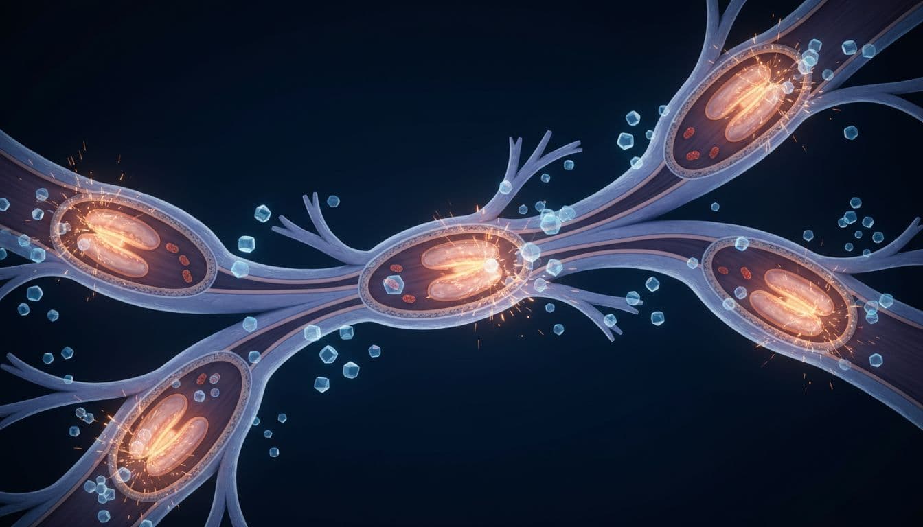 Ultra Bann Detailed visualization of mitochondria inside heart muscle cells producing energy sparks with glowing ATP molecules, scientific diagram style with soft blue and orange highlights on a dark background.