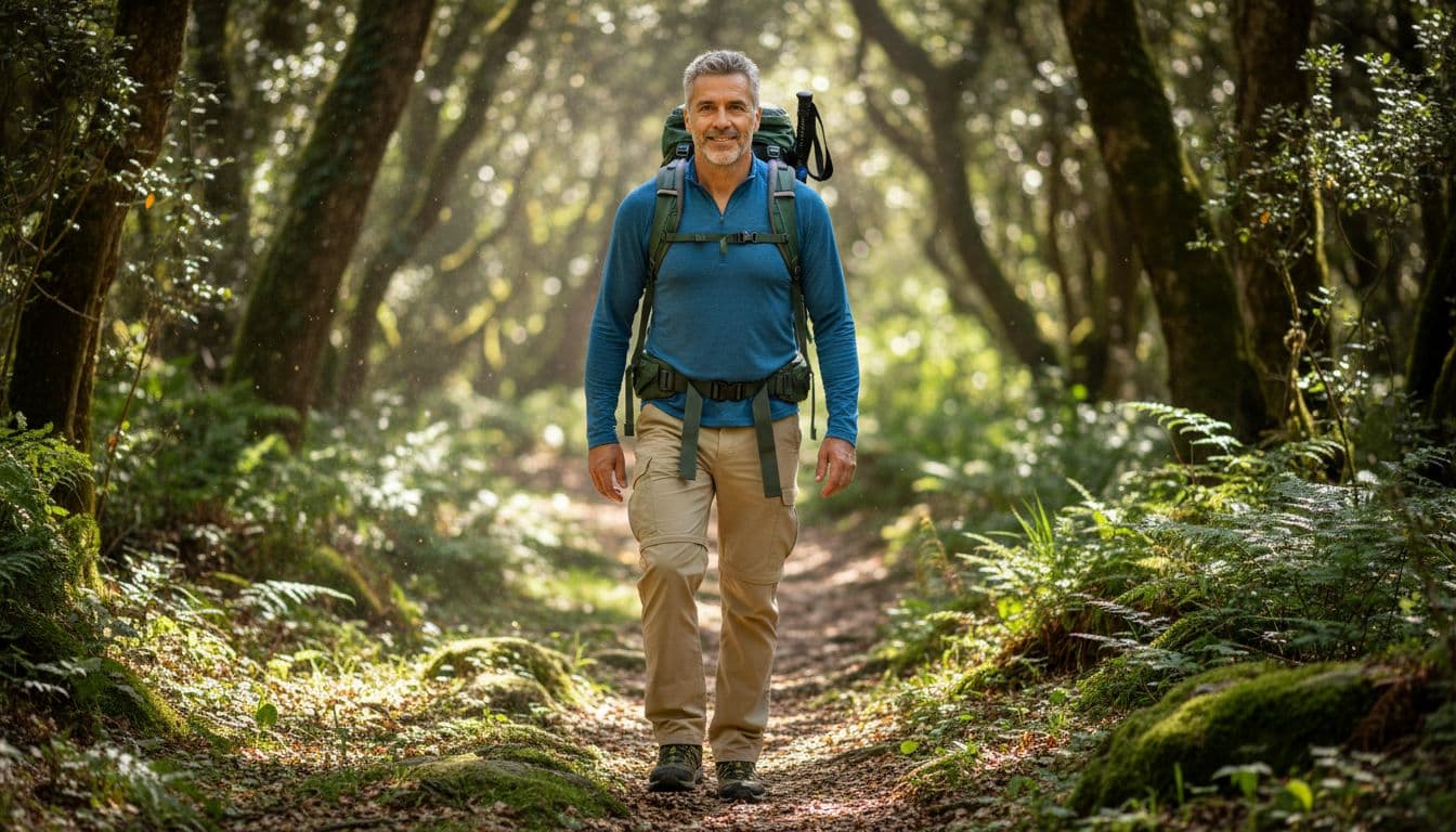 A mature man over 40 hikes energetically on a forested trail during daytime, looking focused in casual outdoor clothes with a backpack, sunlight filtering through trees.