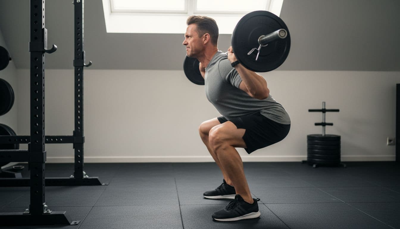 Side view of a fit man in his 40s with short hair and casual workout clothes performing a barbell squat in a simple home gym, showing determined expression under natural overhead lighting.