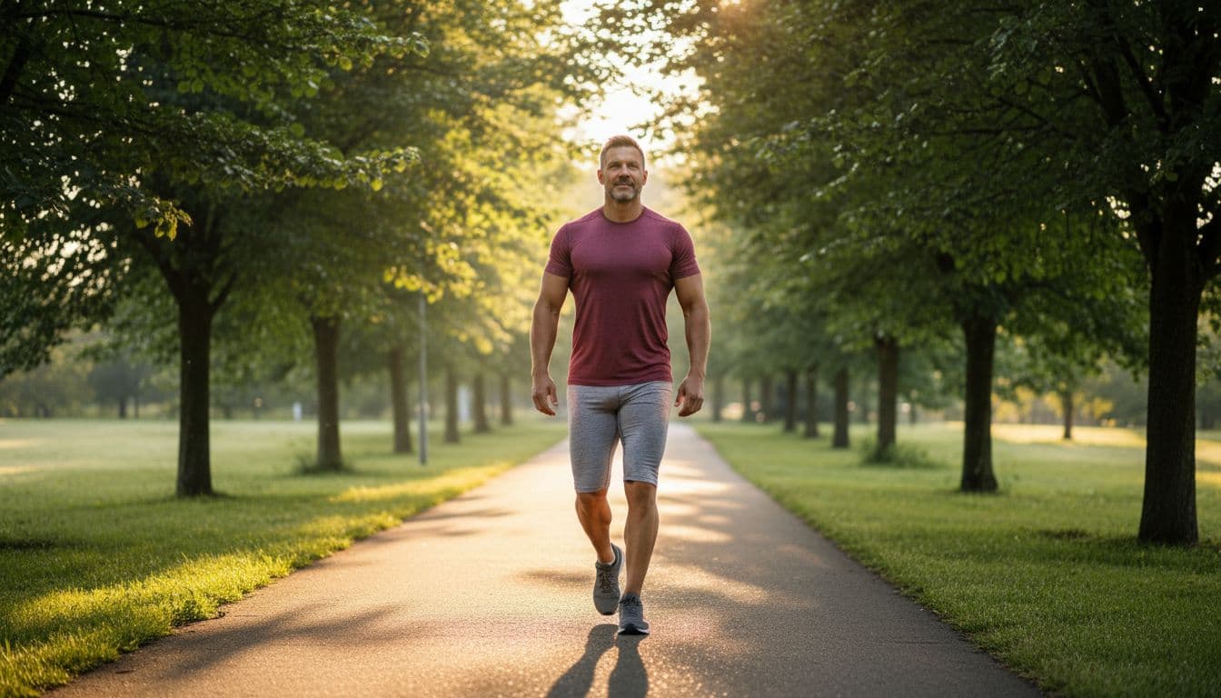 Ultra Bann One fit man in his 40s walks briskly on a tree-lined park path at dawn, wearing comfortable athletic wear with relaxed confident posture amid warm golden sunlight, capturing photorealistic movement and energy for an active routine.