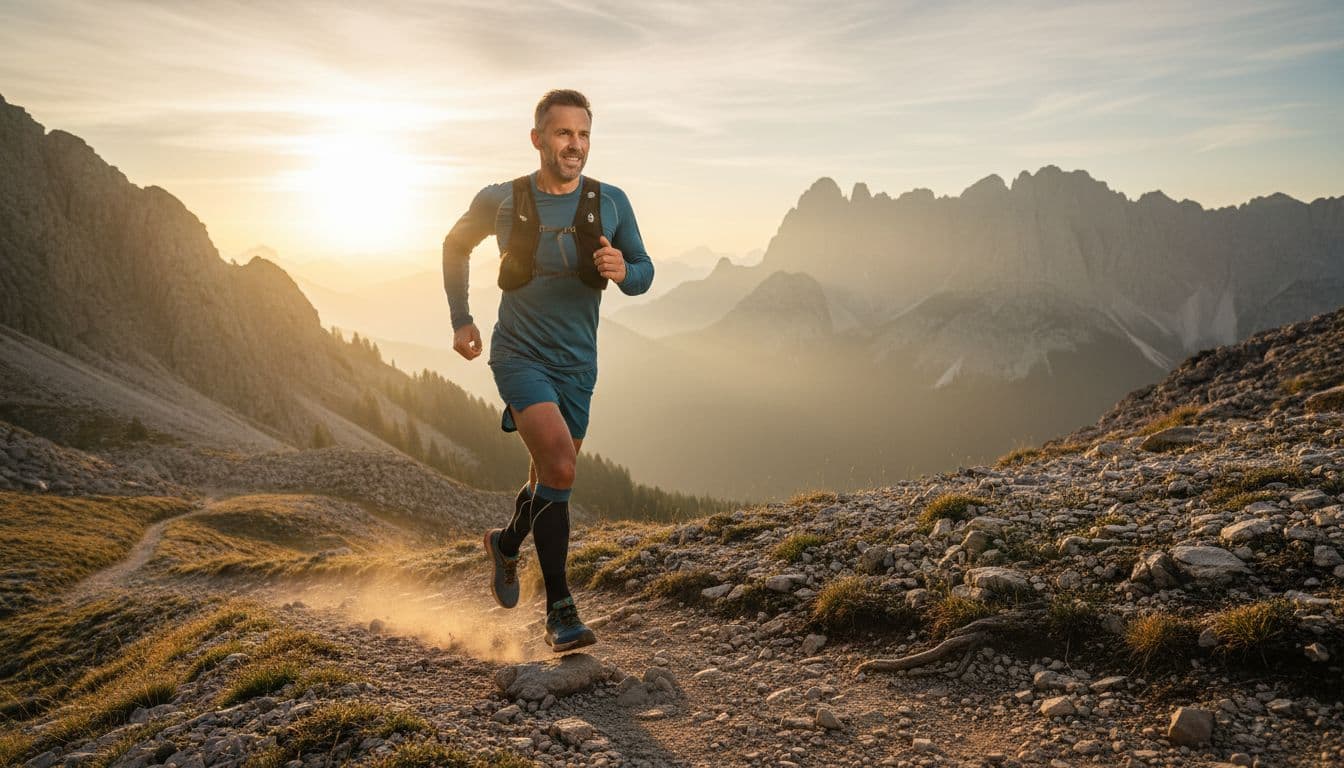 Fit man in his 40s jogging energetically on a mountain trail at dawn, athletic build in running gear with dynamic pose and natural golden hour lighting, depicting sustained energy for active adults over 40.