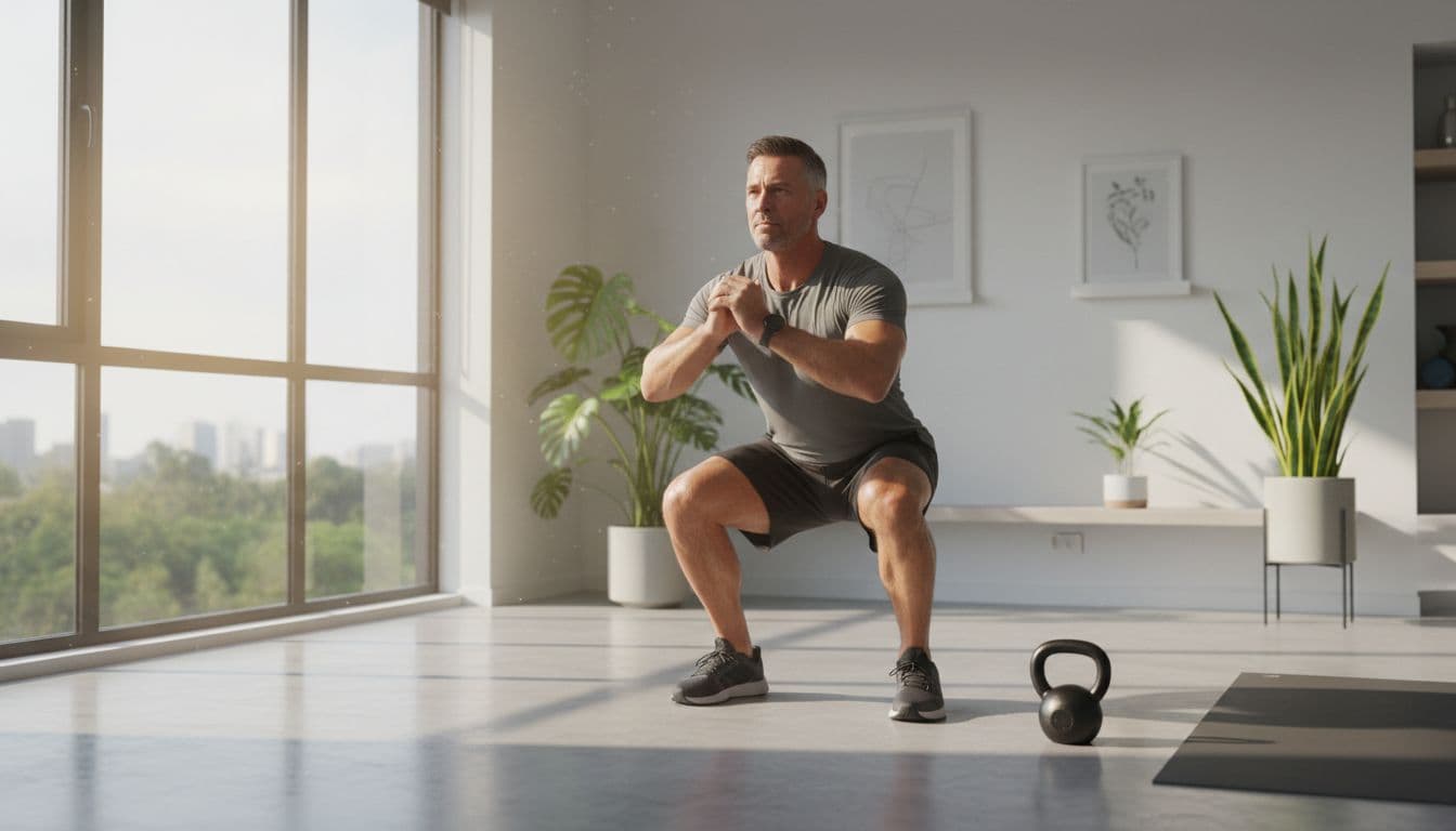 Ultra Bann A fit man over 40 performs a focused bodyweight squat in a clean modern home gym bathed in soft early morning natural light, with plants and one kettlebell nearby.