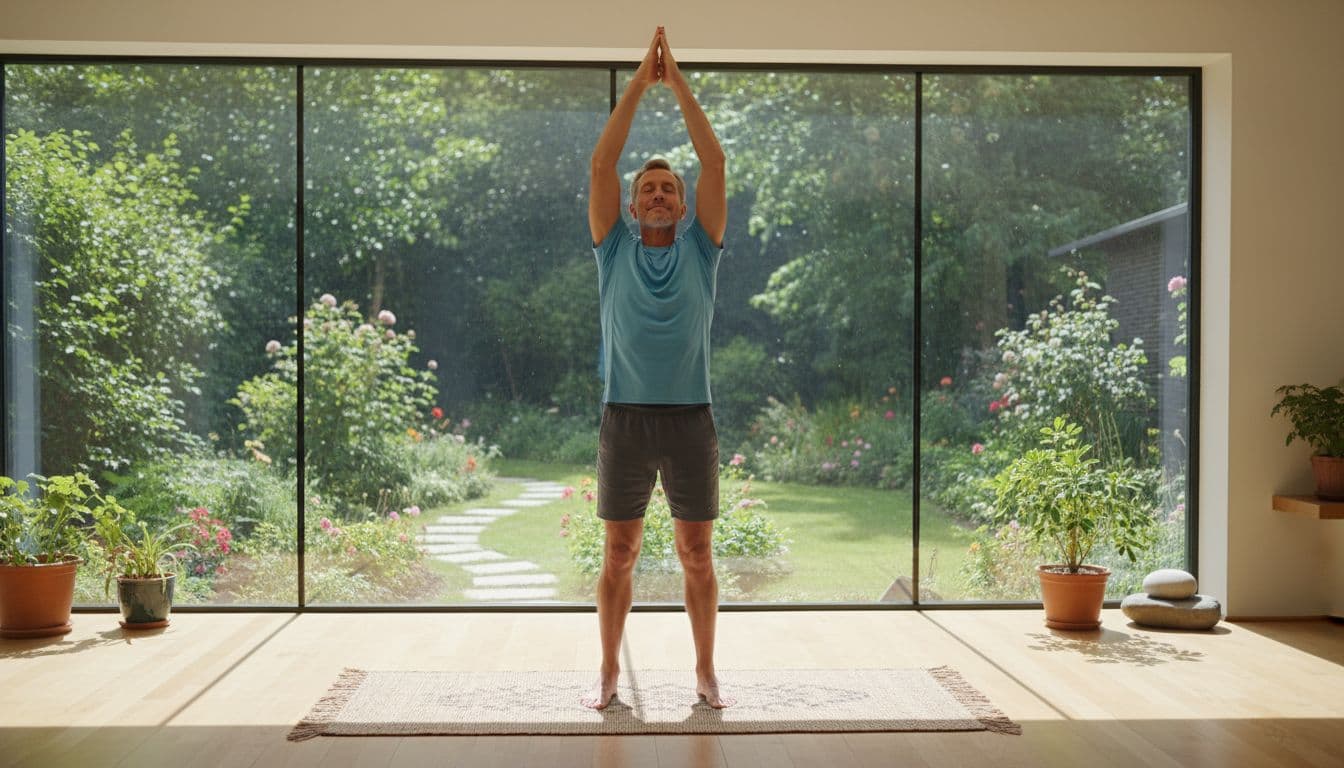 A fit man in his 40s performs a serene standing yoga stretch with arms raised in a sunlit home gym overlooking a garden, embodying a motivational yet calm morning wellness routine.
