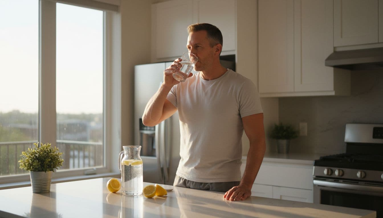 Ultra Bann A fit man in his mid-40s in a modern kitchen at sunrise drinks from a large glass of fresh water, with morning light illuminating sliced lemons and a glass pitcher on the counter.