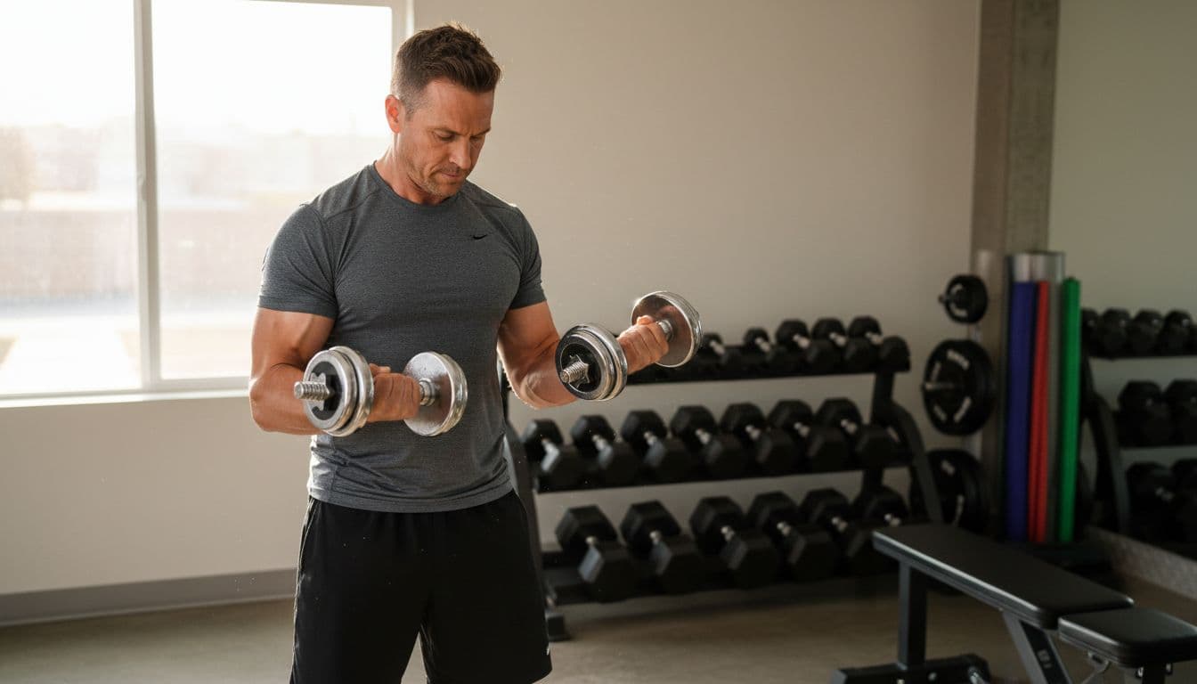 Athletic man in mid-40s with focused expression doing bicep curls with dumbbells in bright home gym, natural daylight and weights rack background.