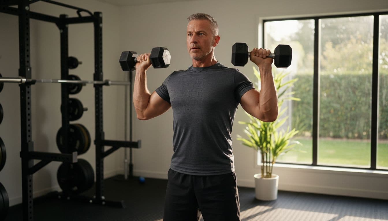 A fit man over 40 with short graying hair and athletic build performs a dumbbell shoulder press mid-rep in a modern home gym, with focused expression, slight sweat, and simple background.