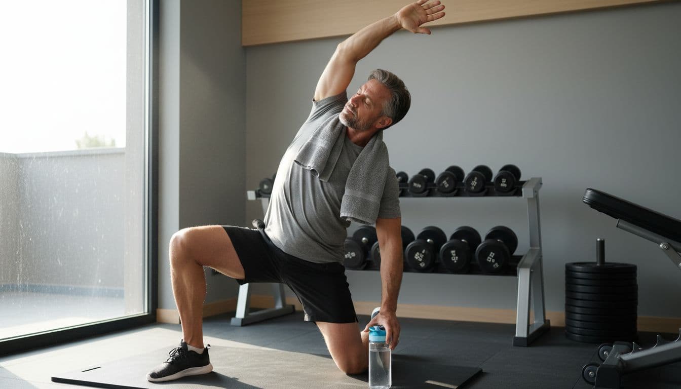 A fit man over 40 performs a post-workout stretch recovery pose in a modern home gym, towel around neck, water bottle nearby, determined expression, natural window light, side angle view with weights in background.