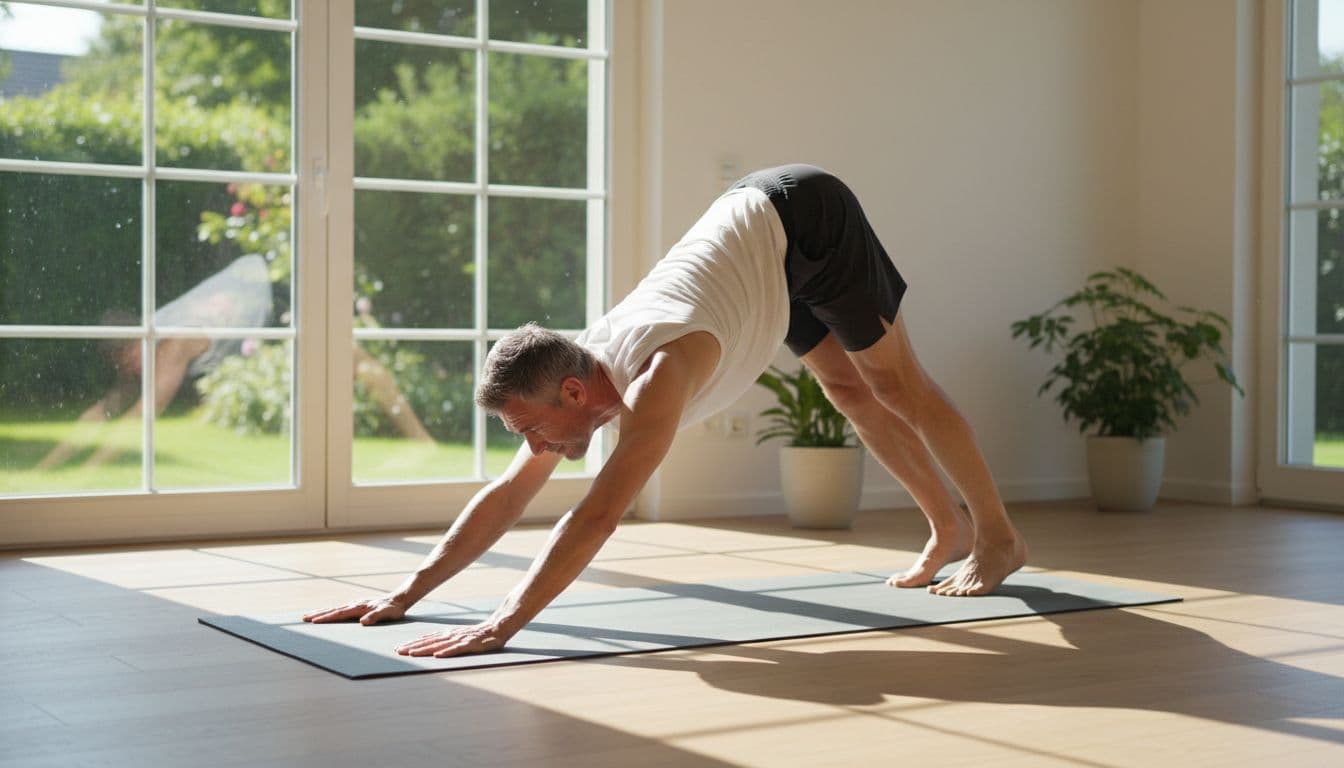 Ultra Bann Fit man over 40 performing downward dog yoga pose in serene home gym with natural morning light and calm expression.