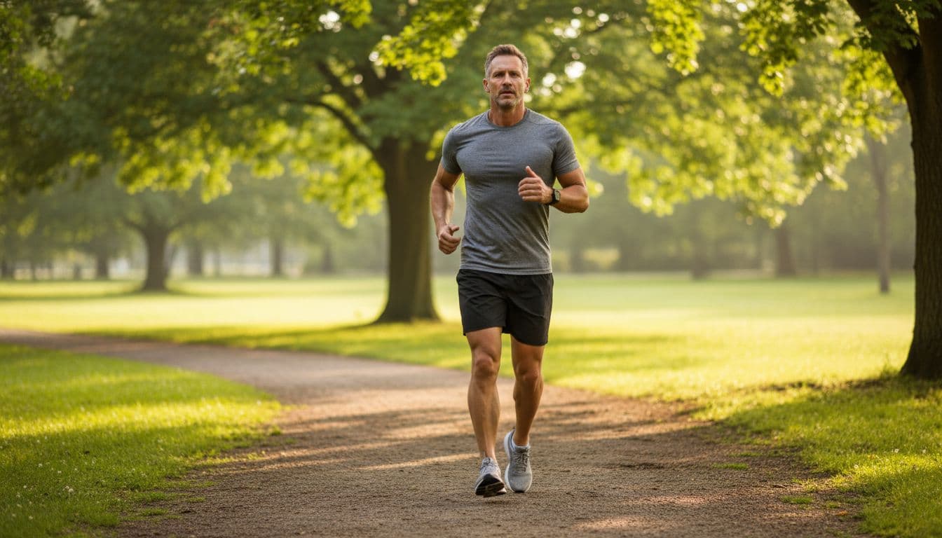 A fit mature man over 40 jogs energetically on a sunny park path with morning light, athletic build and determined expression, illustrating an active lifestyle sustained by daily energy.