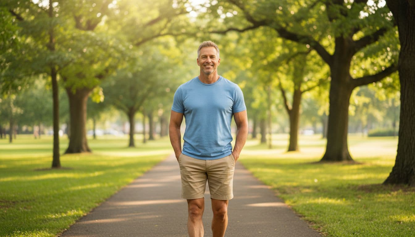 A fit 45-year-old man walks relaxed on a sunny park path in the morning with hands in pockets, wearing casual t-shirt and shorts, warm natural sunlight on his face amid trees and grass.